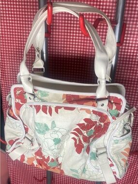 lululemon athletica Vintage Red Coral & Mint Floral Canvas Tote w Wht Trim -RARE